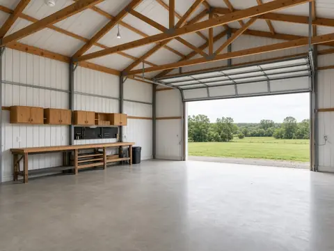 Post-frame workshop interior with concrete floor and steel liner panels