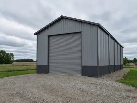 Large steel storage building with tall overhead doors for RV parking