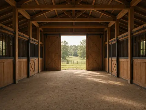 Clean horse barn aisle with wooden stalls and natural light